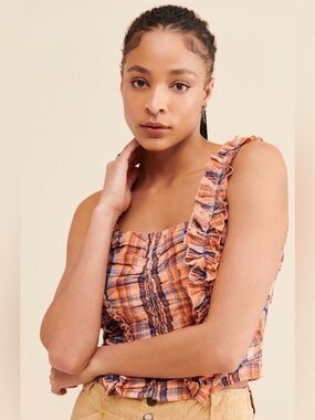Anthropologie Verb Ruffled Plaid 100% Cotton Tank Top